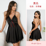 Satin Lace Nightgown Back Hollow Deep V Suspender Pajamas