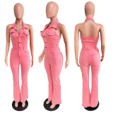 Denim Fashion High Elastic Sexy Backless Lapel Work Trousers Jumpsuit