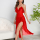 Mesh Deep V Back Strap Nightgown High Slit Irregular Home Clothing