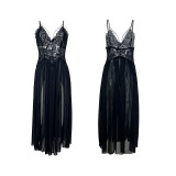 Pearl Embellished Backless Nightgown Multi-color Sexy Mesh Side Slit Seductive Suspender Skirt