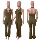 Denim Fashion High Elastic Sexy Backless Lapel Work Trousers Jumpsuit