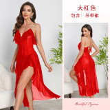 Mesh Deep V Back Strap Nightgown High Slit Irregular Home Clothing
