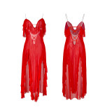 Mesh Deep V Back Strap Nightgown High Slit Irregular Home Clothing