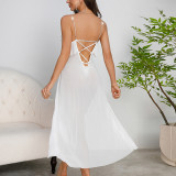 Mesh Deep V Back Strap Nightgown High Slit Irregular Home Clothing