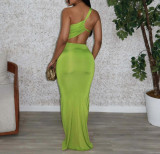 Solid Color Long Skirt One-shoulder Pleated Dress