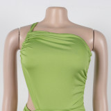 Solid Color Long Skirt One-shoulder Pleated Dress