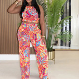 Printed Suit Turtleneck Halter Neck Vest High Waist Trousers Two-piece Set