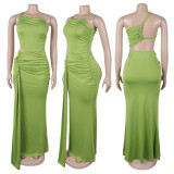 Solid Color Long Skirt One-shoulder Pleated Dress