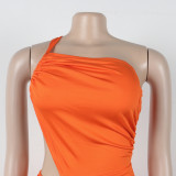 Solid Color Long Skirt One-shoulder Pleated Dress