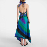 Printed Satin Halter Neck Hanger Irregular Skirt Two-piece Suit