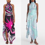 Printed Satin Halter Neck Hanger Irregular Skirt Two-piece Suit