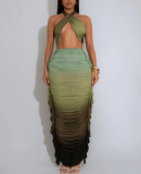 Gradient Print Set Umbilical Wrinkle Two-piece Set