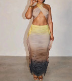 Gradient Print Set Umbilical Wrinkle Two-piece Set