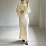 Casual Solid Color Round Neck Flared Sleeve Pleated Dress