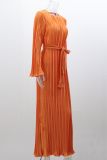 Casual Solid Color Round Neck Flared Sleeve Pleated Dress