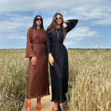 Casual Solid Color Round Neck Flared Sleeve Pleated Dress