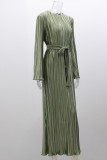 Casual Solid Color Round Neck Flared Sleeve Pleated Dress