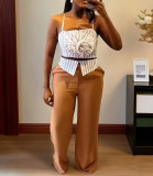 Striped Three-dimensional Floral Strap Sling Vest Straight Trousers Two-piece Suit