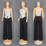 Striped Three-dimensional Floral Strap Sling Vest Straight Trousers Two-piece Suit