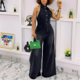 Lapel Halter Neck Single-breasted Backless Denim Jumpsuit Trousers