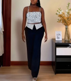 Striped Three-dimensional Floral Strap Sling Vest Straight Trousers Two-piece Suit