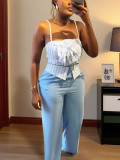 Striped Three-dimensional Floral Strap Sling Vest Straight Trousers Two-piece Suit