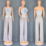 Striped Three-dimensional Floral Strap Sling Vest Straight Trousers Two-piece Suit