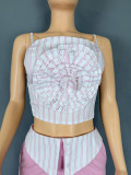 Striped Three-dimensional Floral Strap Sling Vest Straight Trousers Two-piece Suit