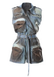 Retro Multi-pocket Washing and Old Sleeveless Jumpsuit Shorts