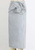Three-dimensional Pinched Rose Water Washing Denim Pencil Skirt