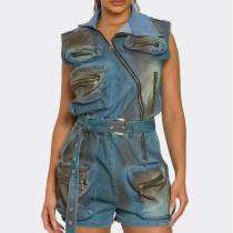 Retro Multi-pocket Washing and Old Sleeveless Jumpsuit Shorts