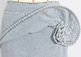 Three-dimensional Pinched Rose Water Washing Denim Pencil Skirt