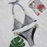 Gold-stitched Snake Strap Crystal Diamond Chain Women's Split Swimsuit