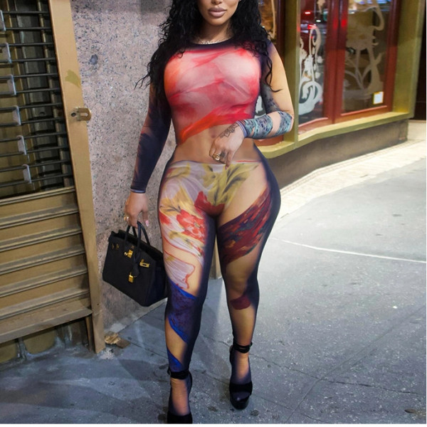 Body Printed Round Neck Long Sleeve Tight-fitting Jumpsuit Trousers