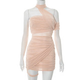 Solid Color Mesh Halter Neck with Asymmetrical Condensed Hip Skirt Dress