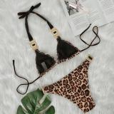 Leopard Print Diamond Low Waist Gathering Split Swimsuit