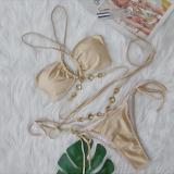 Crystal Diamond Bikini Hammer Cross-Band Strap Split Swimsuit