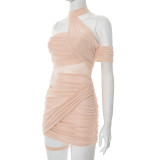 Solid Color Mesh Halter Neck with Asymmetrical Condensed Hip Skirt Dress
