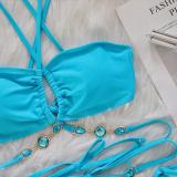 Crystal Diamond Bikini Hammer Cross-Band Strap Split Swimsuit