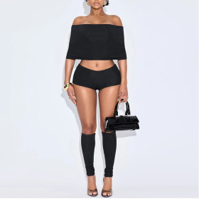 One-shoulder Lapel Top Tight Shorts Calf Socks Set
