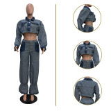 Casual Color-blocking Denim Suit