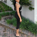 Contrasting V-neck Gold Buttoned Neck Neck Legs Top Tight Cropped Trousers Set