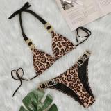Leopard Print Diamond Low Waist Gathering Split Swimsuit