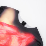 Body Printed Round Neck Long Sleeve Tight-fitting Jumpsuit Trousers