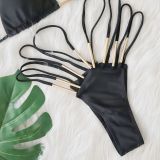 Swimsuit Metal Accessories Bikini Solid Color High Waist Band Hollow Swimsuit