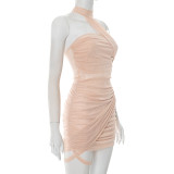 Solid Color Mesh Halter Neck with Asymmetrical Condensed Hip Skirt Dress