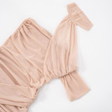 Solid Color Mesh Halter Neck with Asymmetrical Condensed Hip Skirt Dress