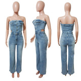 Strap-breasted Straight Wide-leg Denim Jumpsuit