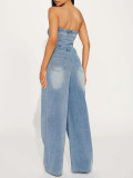 Strap-breasted Straight Wide-leg Denim Jumpsuit