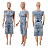 Casual and Fashionable Strapless One-shoulder Slim Denim Jumpsuit